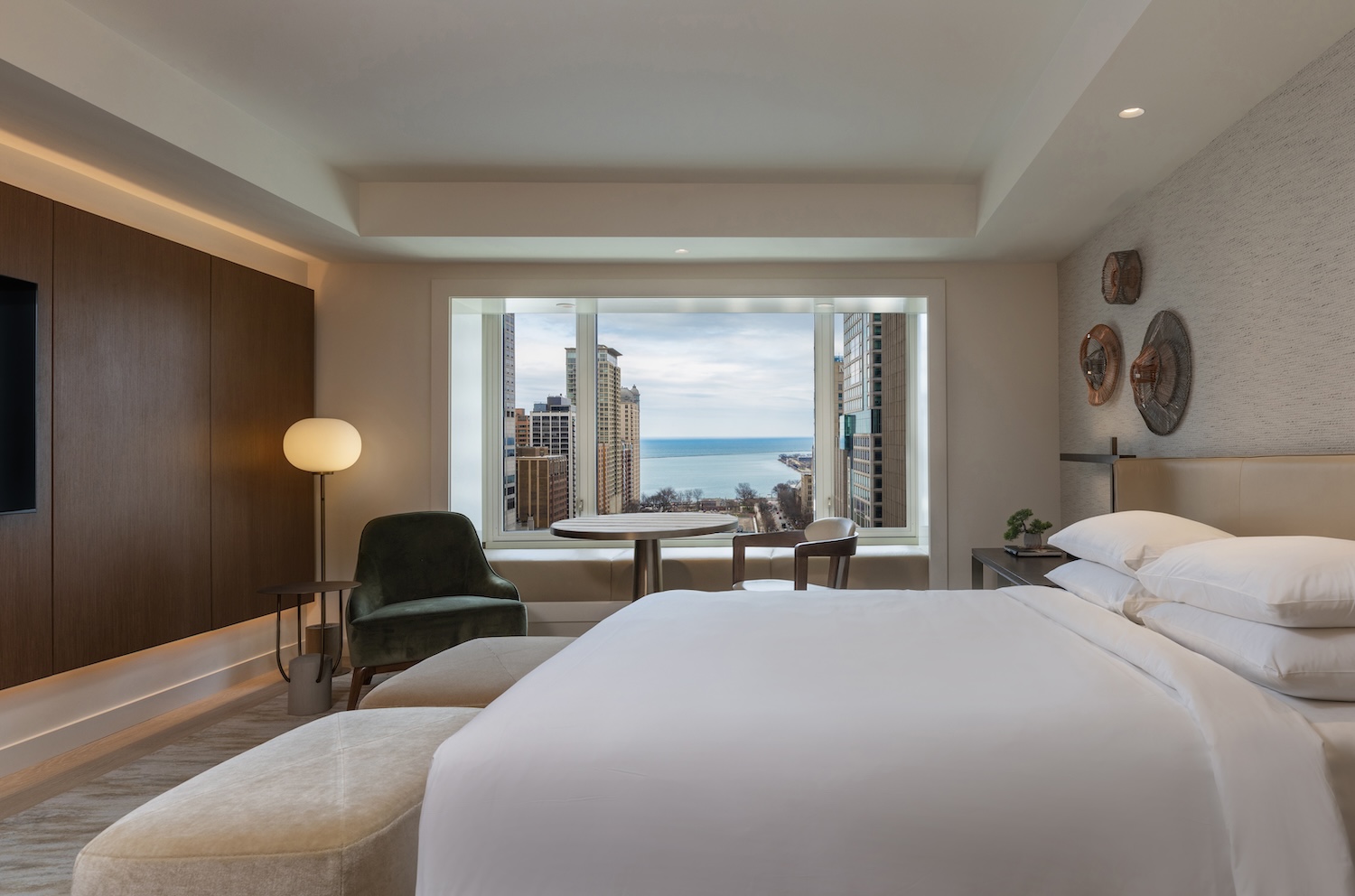 A guest room at Park Hyatt Chicago with views of Lake Michigan